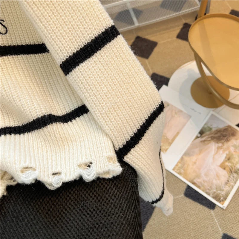 Hnewly  Short Sweater Women's Autumn Winter 2025 New Stripe Hollow Out Fashion Star Letter Knitwear Long Sleeve Top Thicked Pullover