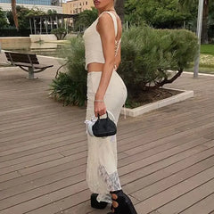 Hnewly  Women's Lace Skirt Set Backless Strappy Sleeveless Top Long Skirt Two-piece Set Sexy Casual