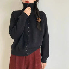 Hnewly  High Neck Button Down Cardigan Women Long Sleeve Knitted Sweater Jacket Cozy Knitwear Teen-girl Fall Winter Basic Chic Knitwear