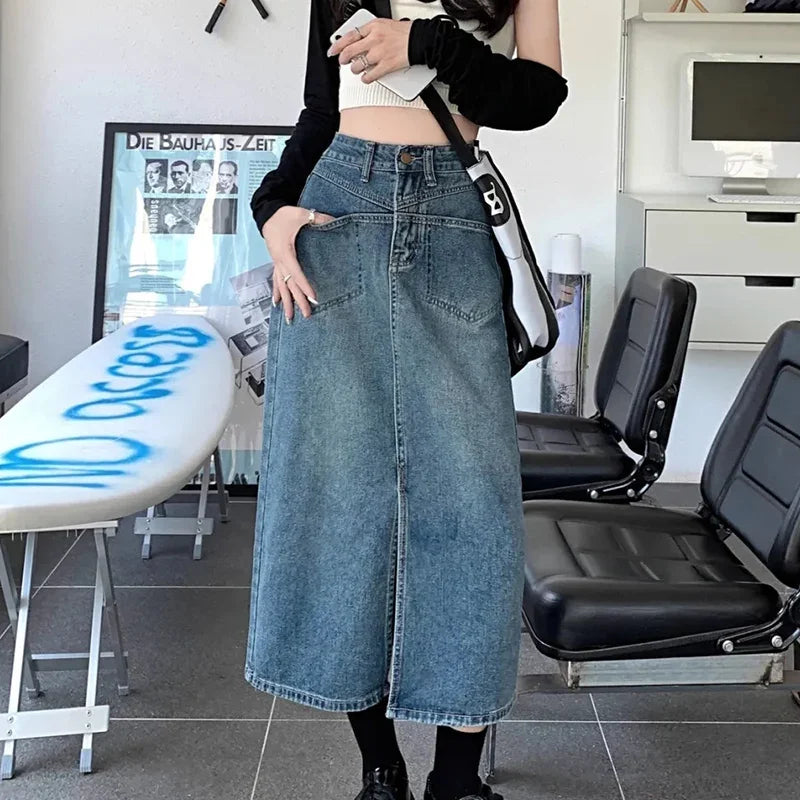 Hnewly  Retro Blue Long Denim Skirt for Women High Waist Split A-Line Mid Calf Skirts Woman Summer High Street Pocket Jeans Skirt
