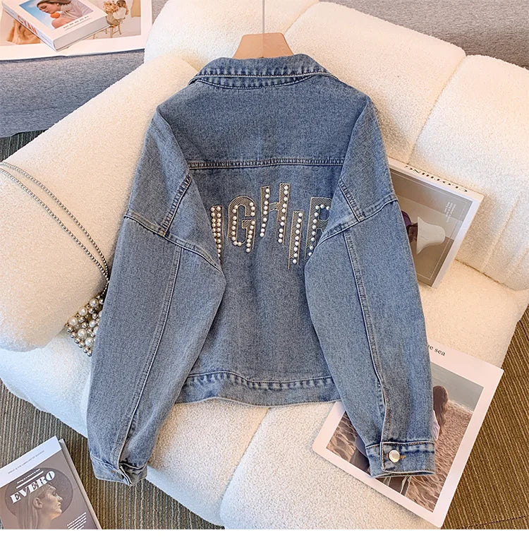Hnewly  Nail Bead Denim Jacket For Women's Spring Autumn 2025 New Style Loose Versatile Long Sleeved  Turndown Collar Coat Top