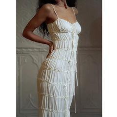 Hnewly   New Summer Chiffon Beige Solid Color Lace-ups Slim Slip Dress Ruffle Chic Party Beach Fashion Long Dress For Women