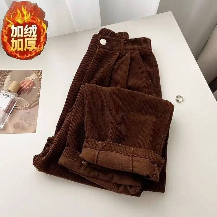 Hnewly Retro High Waist Corduroy Pants Women Spring Fall Straight Causal Full Length Trousers Korean Fashion Baggy All Match Black Pant