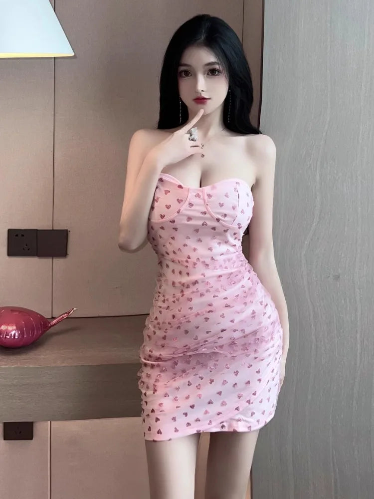 Hnewly  Woman Dress Sweet Elegant Heart Printed Strapless Slim Backless Summer Fashion Ruched Sexy Mini Dress Female Club