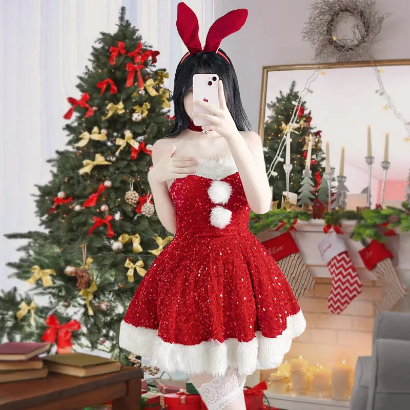 Hnewly Christmas Costumes Christmas Dress Up Glitter Adult Christmas Clothes Strapless Clothing Set Halloween Carnival Outfit