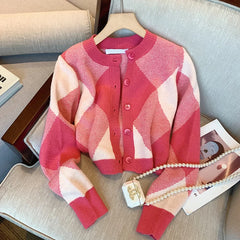 Hnewly  Pink Sweater Women's Spring Autumn French Vintage Knitted Cardigan Top Long Sleeve O-Neck Single Breasted Versatile Coat