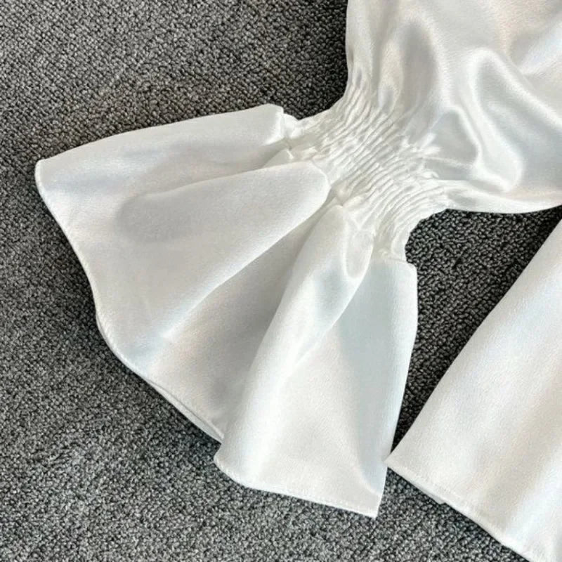 Hnewly Vintage Solid Blouses Women Elegant Acetate Satin Stand Collar Flare Sleeve Design New Chic Sweet Loose Ruffles Female Mujer