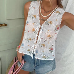 Lunivop  New Fashion Popular Euramerican Elegant Flower Print Sleeve Shirts Y2k High Street All Match Hollow Out Thin Lace Up Clothes