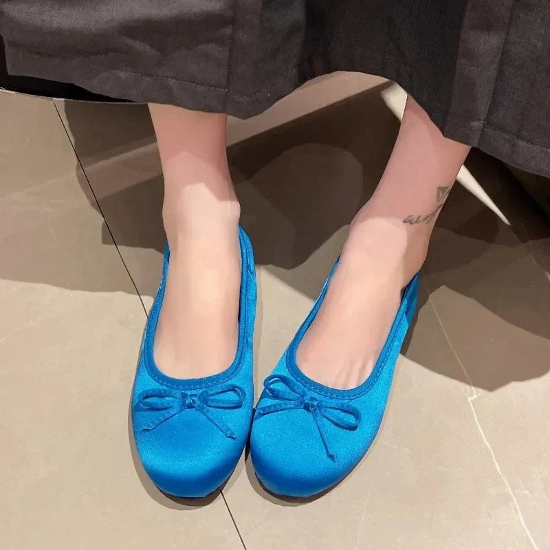 Hnewly  Newest Royal Blue Silk Ballet Flats Woman Classic Round Toe Bowtie Ballerina Shoes Ladies Elegant Slip-on Soft Satin Loafers