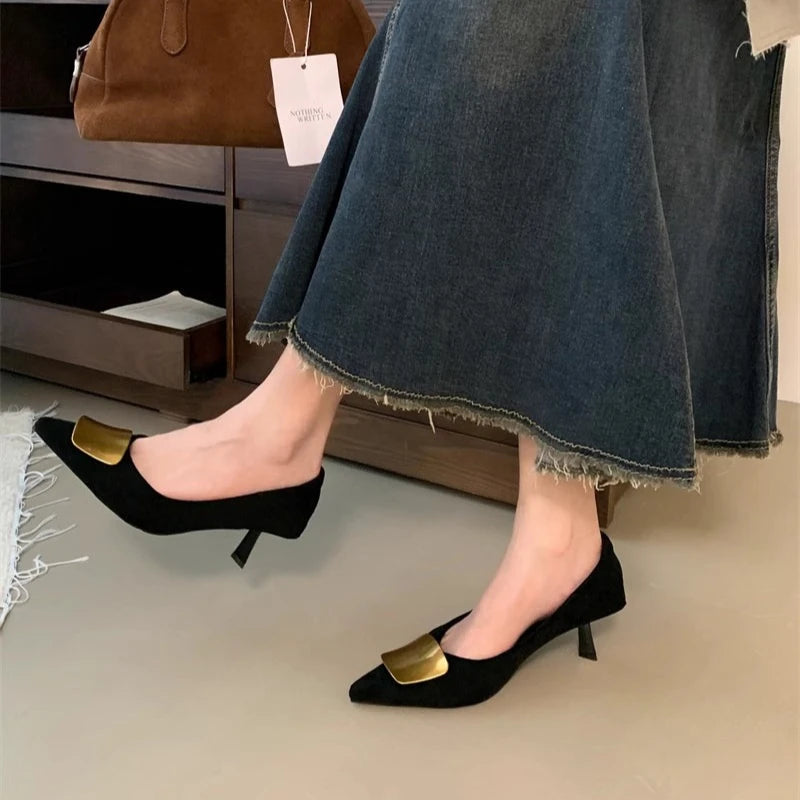 Hnewly  Spring Metal Decoration Women high heels Pumps Shoes Ladies Leopard Print Slip On Leather Eelgant Pointed Toe Party Dress Shoes