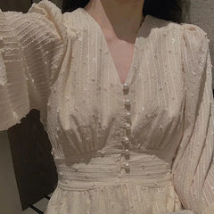 Hnewly New Vintage French Puff Sleeve Midi Dresses for Women Korean Sequins Party Dress V Neck Elegant Fairy Wedding Dress Robe