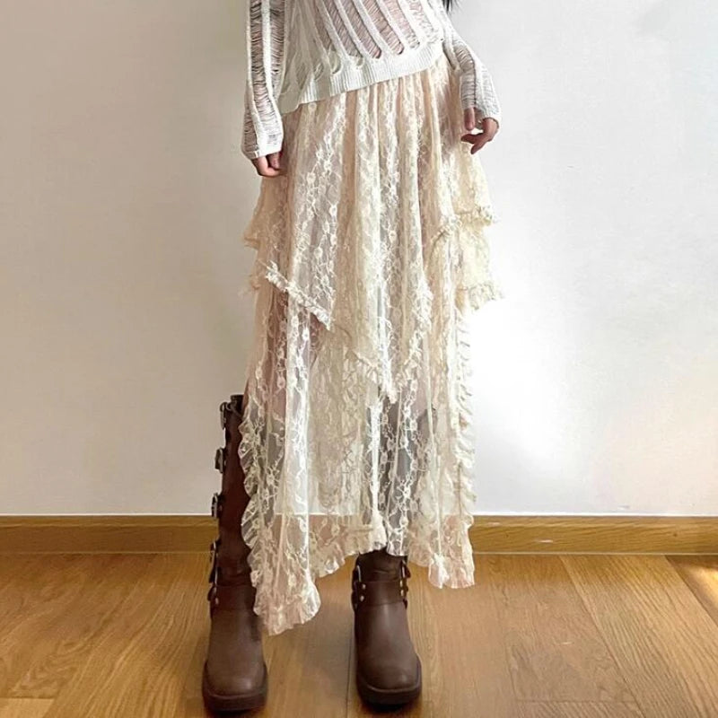 Hnewly Lace Skirts Women Summer Clothing Soft 2000s Vintage Clothing Streetwear Y2k Trendy Boho Style Loose Ladies Party