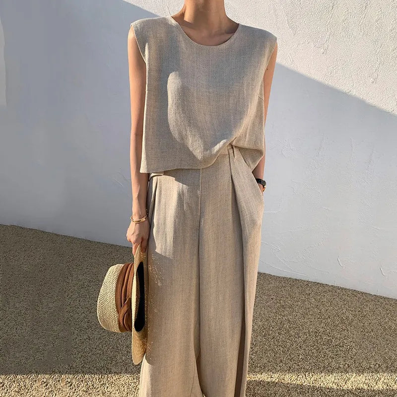 Hnewly Spring Summer Solid Color Cotton Linen Two Piece Set Women Fashion Sleeveless Tops Loose Wide Legs Pants Ladies Sets New