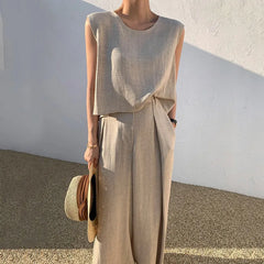 Hnewly Spring Summer Solid Color Cotton Linen Two Piece Set Women Fashion Sleeveless Tops Loose Wide Legs Pants Ladies Sets New
