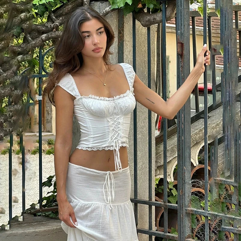 Hnewly Elegant Off Shoulder Square-neck Sleeveless Crop Tops And Loose Long Skirts 2025 Spring Summer Women Beach Party Suits