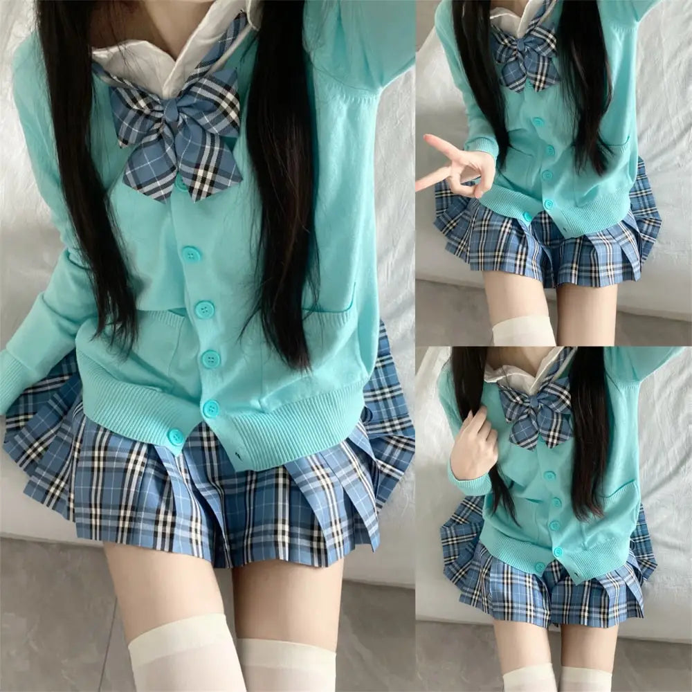 Hnewly 3Pc Set Japanese Korean School Uniforms Multicolor Sweater&Plaid Pleat Skirt with Bow Jk Uniform Suit Graduation Costumes Women