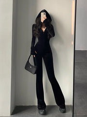 Hnewly Hot Tops Fashion Black Velvet Slim Hooded Zipper Long Sleeve Flare Pants Jumpsuit Rompers Korean Sexy
