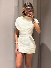 Hnewly  Chic Sequin Solid Dress Women Sexy O-neck Sleeveless Pleated Waist-cinched Empire Dresses Elegant Party Spring Lady Gown