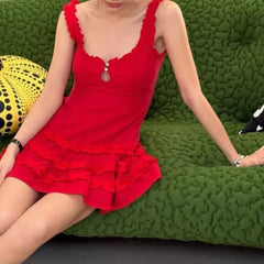 Lunivop  French Style Fungus Edge Red Sleeveless Dress Women O Neck A-line Slim Summer Short Dresses Holiday Robe Tank Vestidos