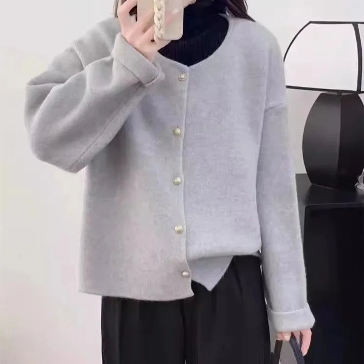 Hnewly  Women Sweater Cardigan Polished Gold Button Up Soft Knitted Long Sleeve Sweater Jacket Top Fall Winter Korean Ladies Chic Outfit