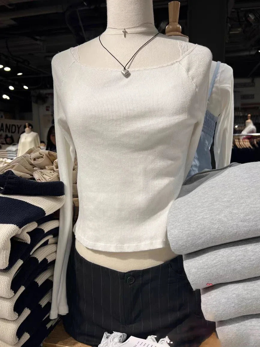 Hnewly  Solid Ribbed Long Sleeve Crop Top for Woman Slash Neck Cotton Slim Cropped T-shirt Summer Simple Sweet Cute Short Tank Tops