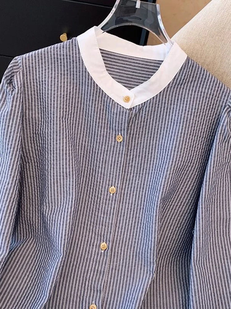 Hnewly O Neck Women Striped Shirt Vintage Long Sleeve Loose Korean Blouse Casual Fall New Patchwork Female Retro Sweet Autumn Tops