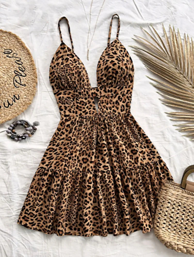 Hnewly Retro Leopard Printed Camis Dress Women Summer Sexy Hollow Out Sleeveless Mini Dress Harajuku Bohemian Beach Vacation Vestidos