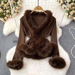 Hnewly going out outfits winter Autumn Winter V-neck Fluffy Patchwork Jackets Y2k Grunge Slim Fit Tops Mujer Vintage Fashion Long Sleeve Cardigan Coat Women