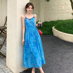Hnewly  Blue Floral Print Halter Dress Women's Summer New Unique Beautiful Waist-Cinched Long Dress Vacation Style Elegant