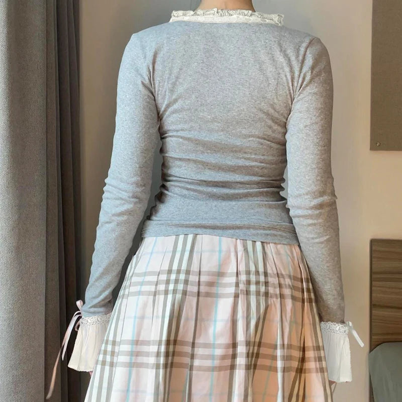 Hnewly Lace Frill Bow T-Shirts Patchwork Long Sleeve Y2K Sweet Girl Slim Fit Korean Harajuku Casual Women Cotton Pullover Tops