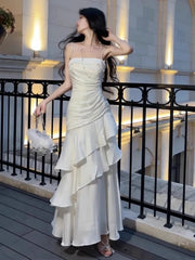 Hnewly Summer Spaghetti Strap Elegant Chic Women's Long Dress Slim A-Line Pleated Party Prom Dresses French Sling New Mujer Vestidos