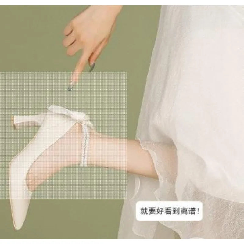 Hnewly Woman Footwear Beige Pearl Wedding Bride Shoe High Heels Pointed Toe Block Heel Shoes for Women Non Slip Fashion Chic High Heels