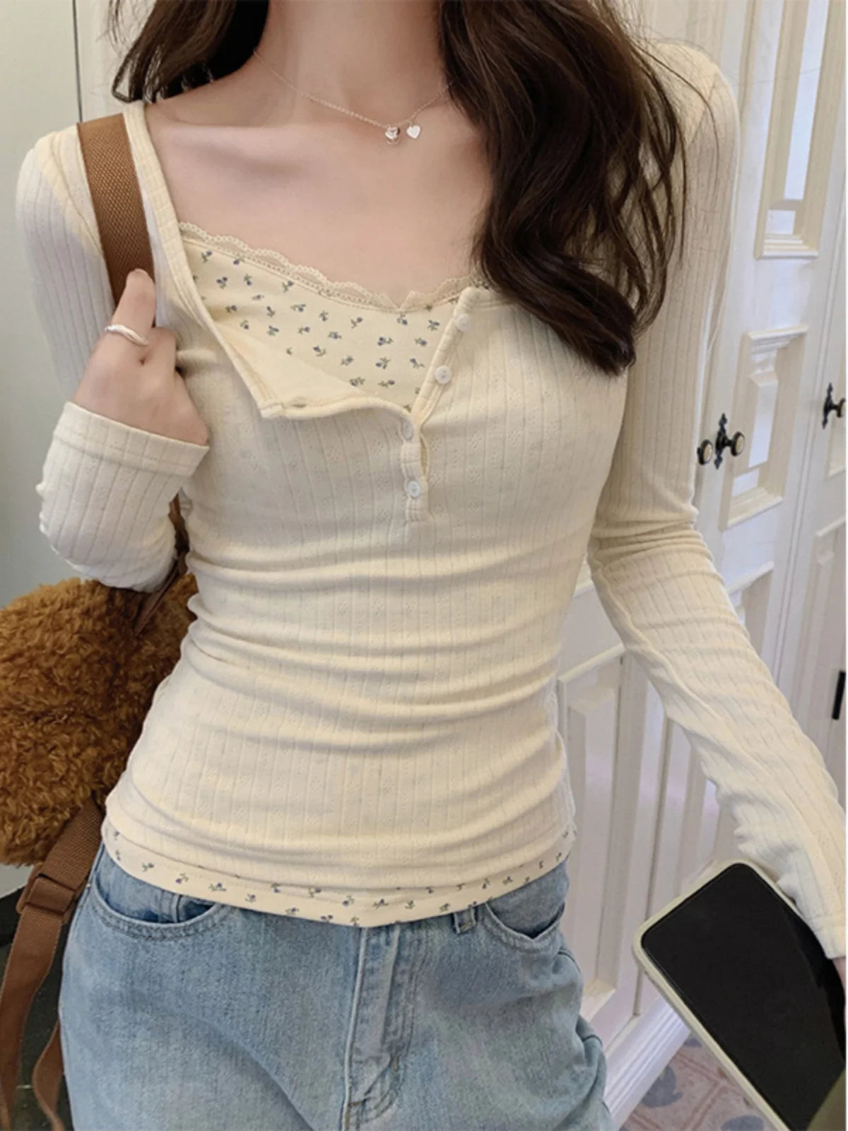 Hnewly FALL OUTFIT T-shirts Women Floral Fake Two Pieces Korean Fashionable Designed All-match Hotsweet Y2k Tops High Street Basic Clothes Fairy