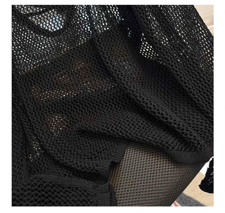Hnewly Black White Striped Ice Silk Knitted Sweater Women Long Sleeved Loose Lazy Style Mesh Pullover Spicy Girl Hollow Out Top