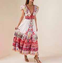 Hnewly  New Women's Elegant Deep V - Neck Dress Flutter Sleeve and Floral Pattern Sleeveless Ruffle Vintage Maxi Dress