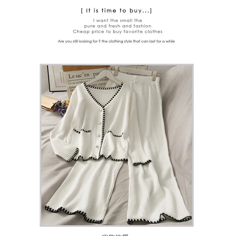Hnewly  Autumn Spliced Color Knitted 2 Piece Sets Women Elegant V-neck  Single Breasted Cardigan And High Waist Wide Leg Pants Suit