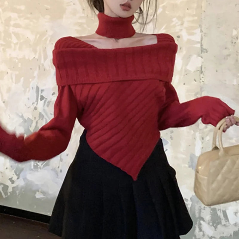 Hnewly Sweater y2k Clothes Women Coquette Off Shoulder Long Sleeve Irregular Hem Knitted Halter Tops 2000s Clothing Streetwear