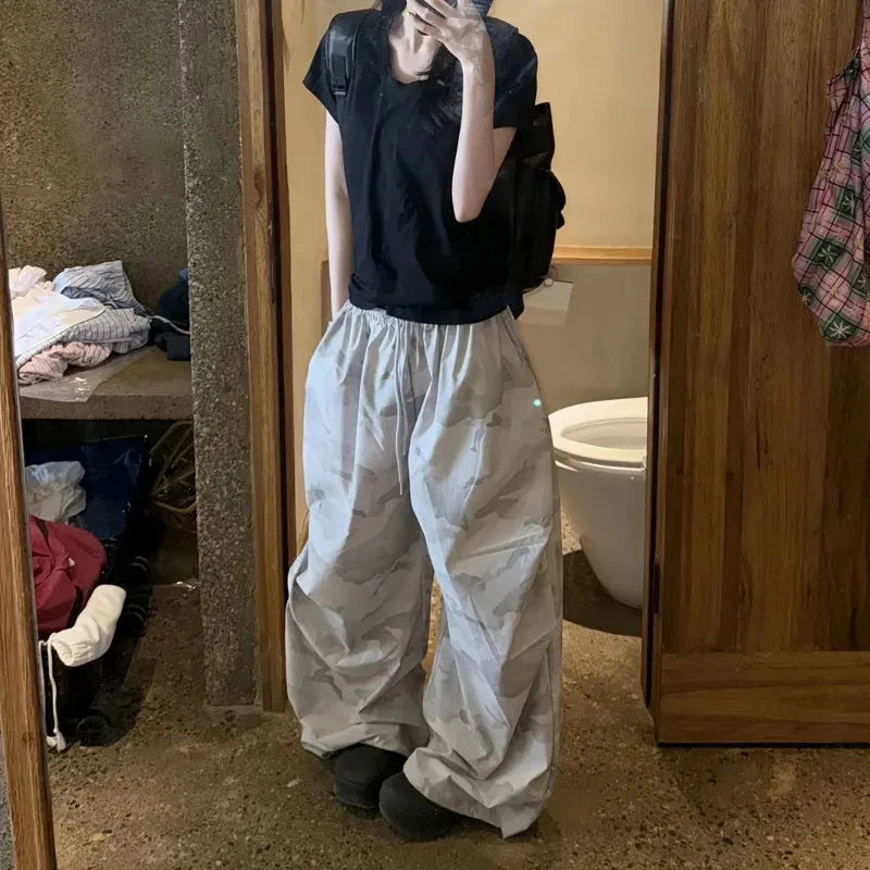 Hnewly Y2K Camouflage Cargo Pants Women Summer Loose Streetwear Thin Sweatpants Korean Baggy Casual Print Wide Leg Joggers Trousers