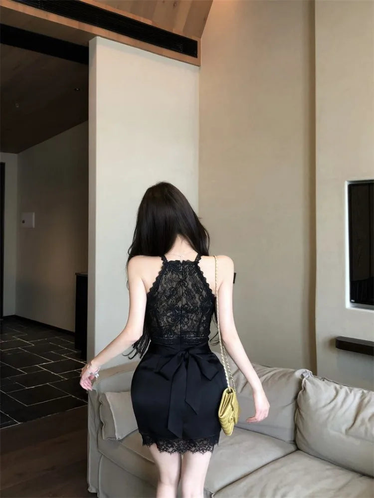Hnewly  Woman Dress Sexy Sleeveless Lace Patchwork Bow Bandage Summer Fashion Elegant Slim Party Mini Dresses Female Club