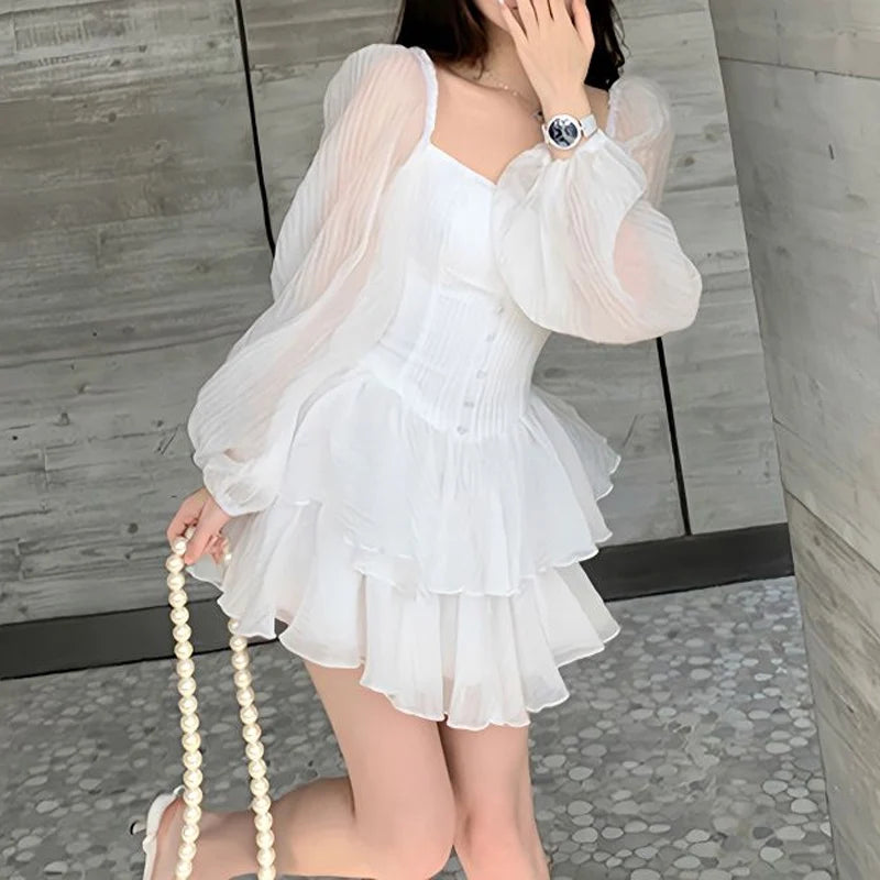 Hnewly  spring Summer new Solid color princess dress women square neck fashion Long Sleeve ball gown elegant Ruffles patchwork Vestidos the dress black dress white dress