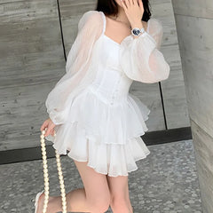 Hnewly  spring Summer new Solid color princess dress women square neck fashion Long Sleeve ball gown elegant Ruffles patchwork Vestidos the dress black dress white dress