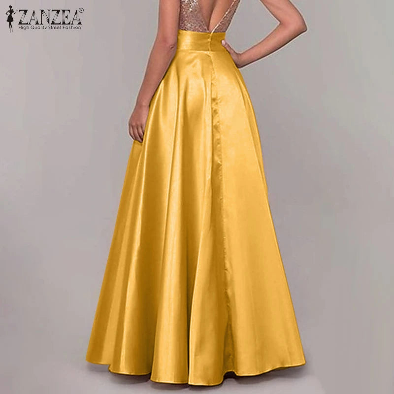 Hnewly Bohemian Women Satin Silk Long Skirts Cotton Solid Elegant Loose Sundress Femme Elastic Waist Oversized Casual Dresses