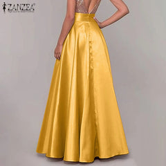 Hnewly Bohemian Women Satin Silk Long Skirts Cotton Solid Elegant Loose Sundress Femme Elastic Waist Oversized Casual Dresses