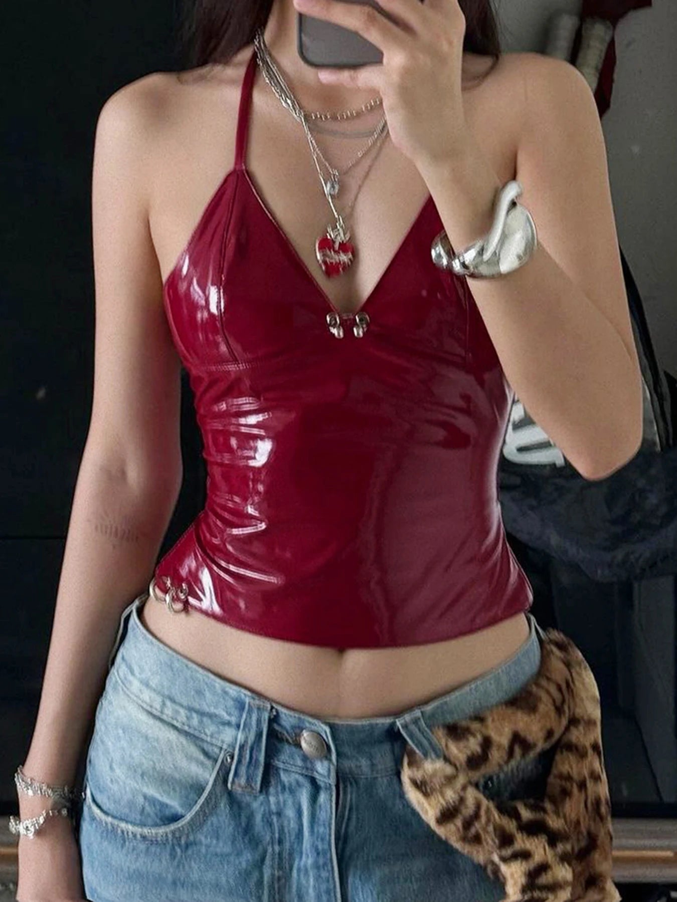 Hnewly Christmas Solid Metal Button Women’s Halter Tops Sleeveless Pu Leather Punk Baddie Slim Women Blouses Streetwear Clothing