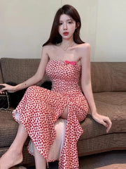 Hnewly  Woman Dress Strapless Sexy Sweet Bow Heart Printed Elegant Split Backless Temperament Party Dresses Female Fashion