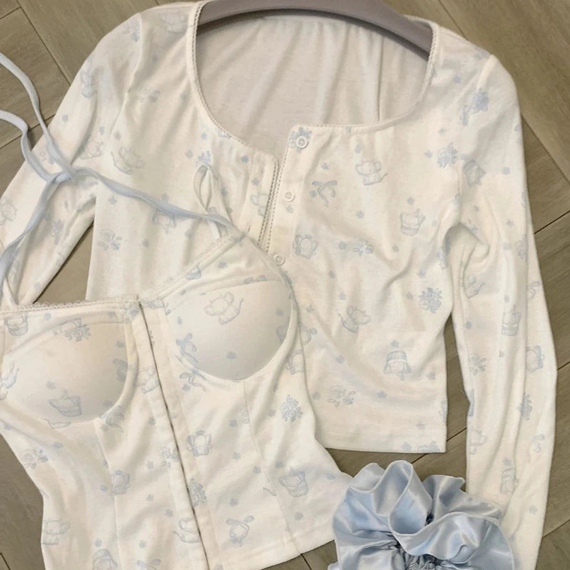 Hnewly  Summer Sun-proof Striped Cardigan Coat Fashion Casual Long Sleeve Slim 2-piece Set Women's Design Sweet Hollow Out Sling Outfits