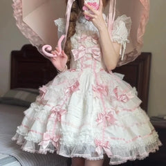 Hnewly  Sweet Lolita Princess Dress for Women Spring and Autumn Girl's Cute Bow Lace Edge Tea Party Dress Lolita Birthday Dress