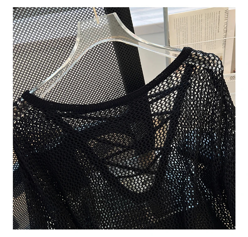Hnewly Black White Striped Ice Silk Knitted Sweater Women Long Sleeved Loose Lazy Style Mesh Pullover Spicy Girl Hollow Out Top