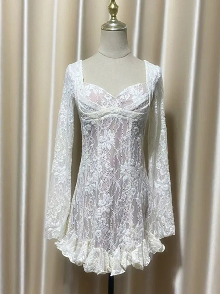 Hnewly Fashion Lace Dress Women's Square Collar Long Sleeve Backless Casual Dresses 2025 Summer New Tide