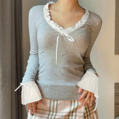 Hnewly Lace Frill Bow T-Shirts Patchwork Long Sleeve Y2K Sweet Girl Slim Fit Korean Harajuku Casual Women Cotton Pullover Tops